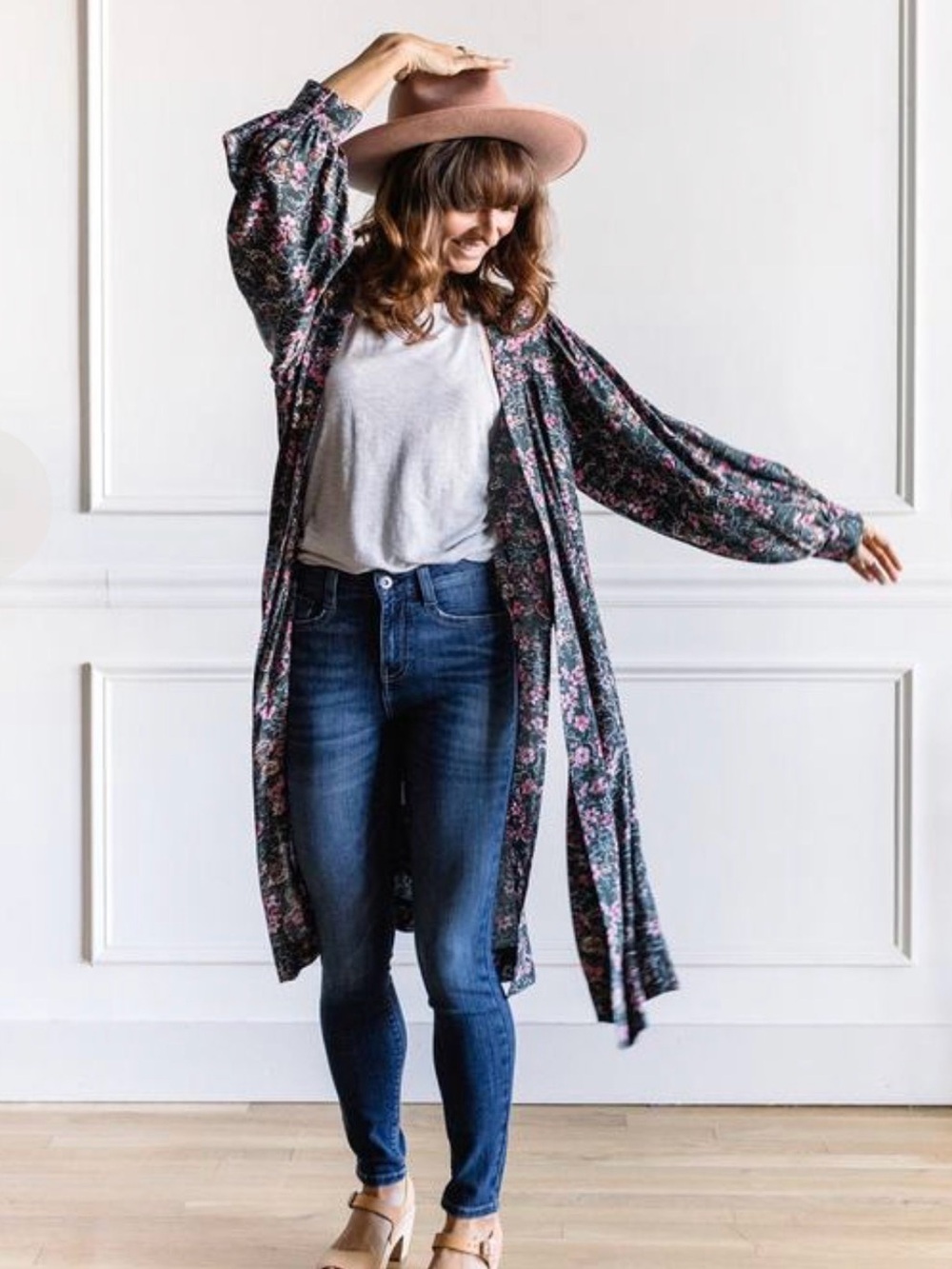 saltwater LUXE Dark Teal Floral Open Kimono with Pink & Gold Blooms